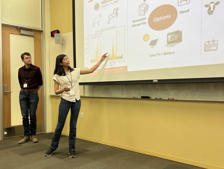 A woman speaking points towards a presentation screen with a man standing to the side.