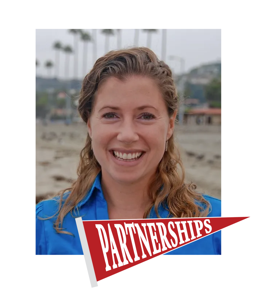 Headshot of Alyson Fleming with a red pennant that reads "PARTNERSHIPS"