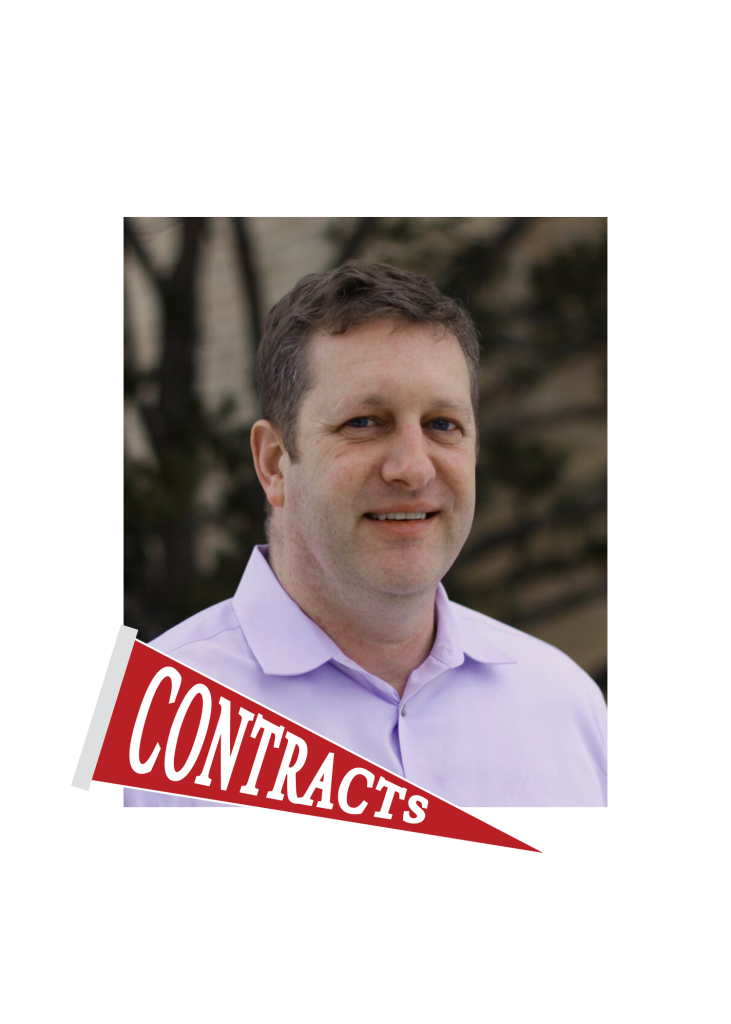Headshot of Paul Meier with a red pennant that reads "CONTRACTS"